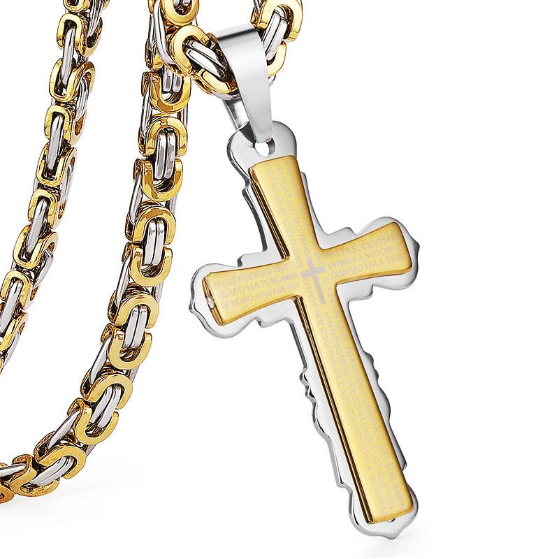 Catholic Spanish Bible Cross Pendants Necklace Stainless Steel Byzantine Link Chain Necklaces Bible Prayer Male Jewelry Gift