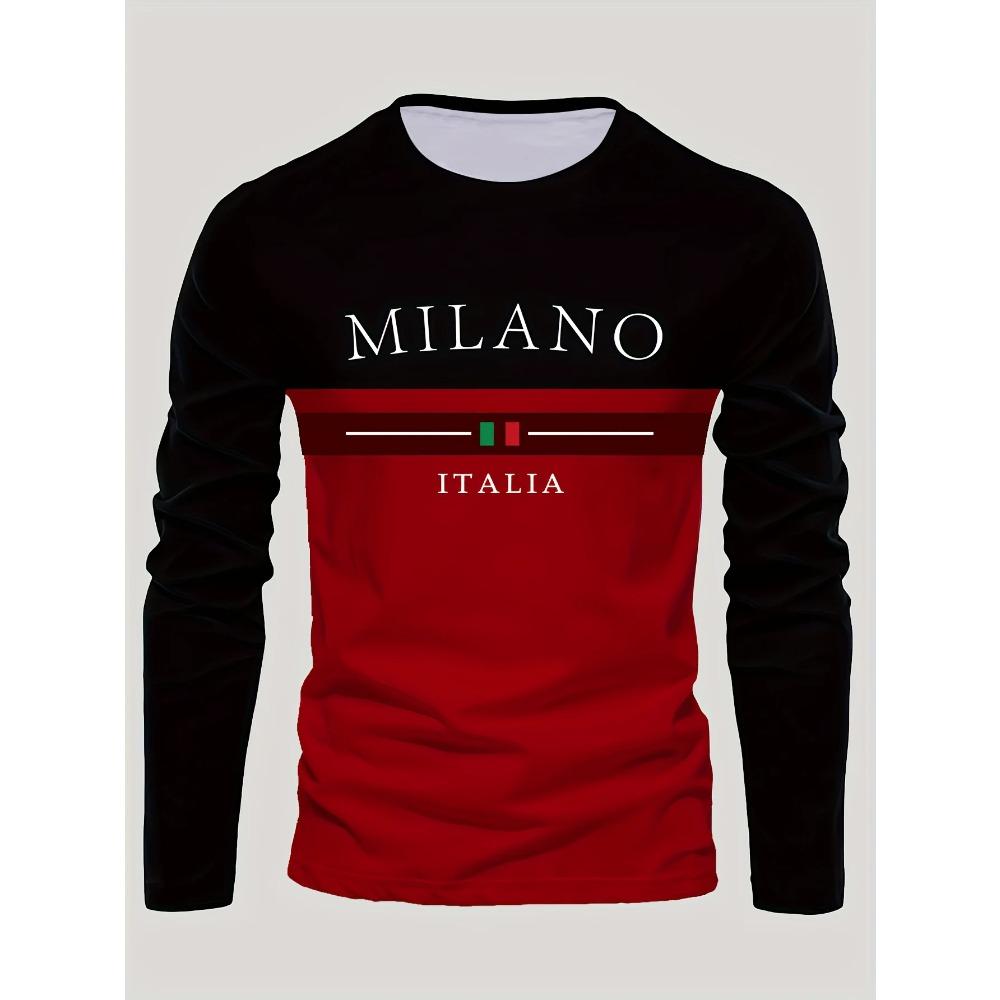 Vår och Höst Rundhals 3D Milano Italia Tryckt Topp Trendiga Casual Långärmade Herr T-shirts