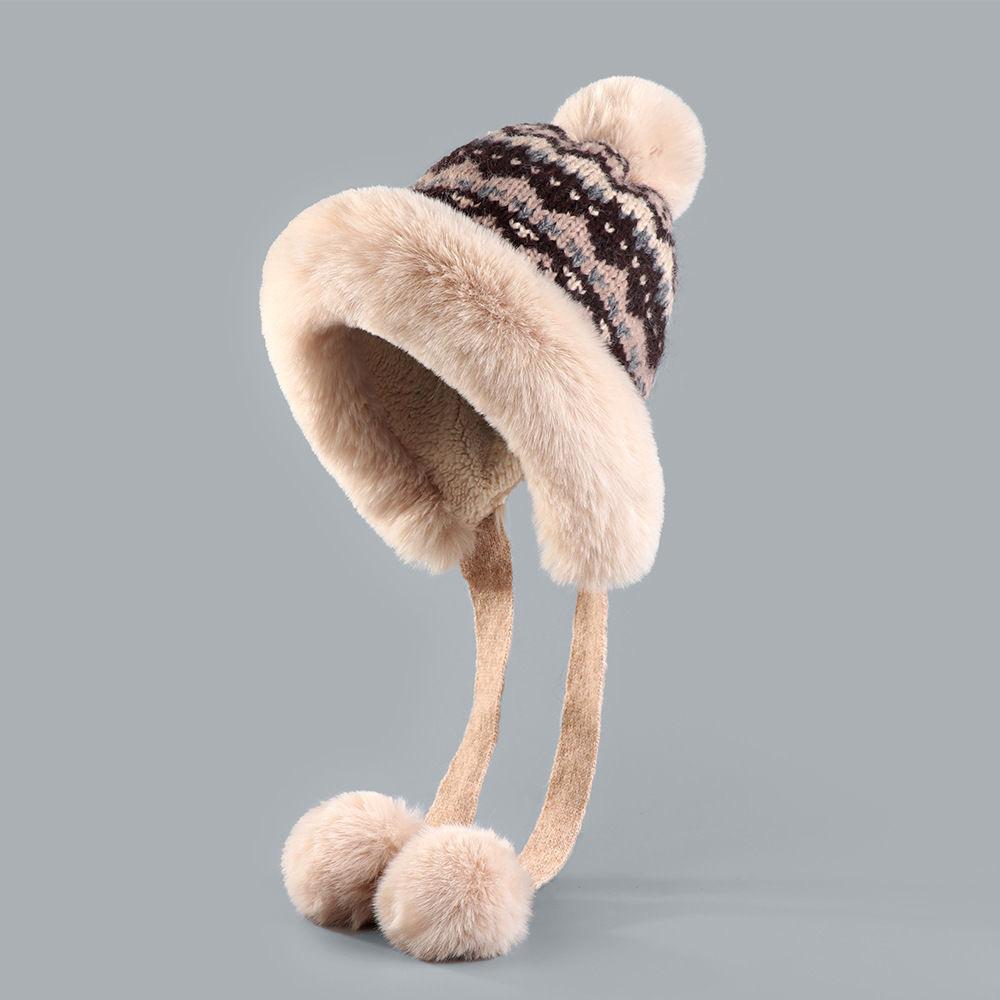 Winter Fleece Lined Warm Knitted Hat Outdoor Casual Ear Flap Ribbon Beanie Face Slimming Cold Proof Plush Hat