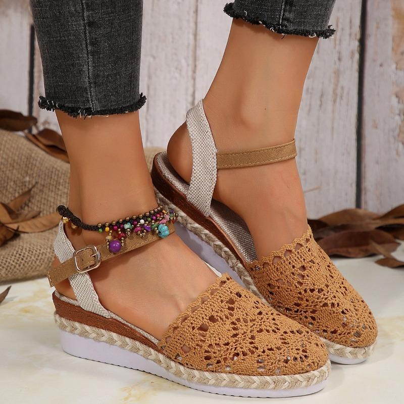 Large size wedge heel women's sandals summer new bag head woven hollow one-word buckle women's sandals