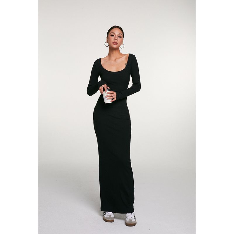

Discoglam Temperament Waist-Controlled U-Neck Dress Silm Slim Looking Black Sheath Long Dress for Women Spring & Fall Black L