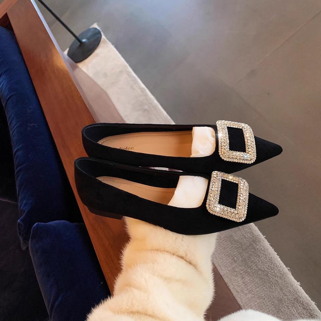 Sheepskin Version~ Exquisite Sparkling Diamond Buckle Temperament Small Pointed Head Shallow Mouth Flat Sole Single Shoes Women's Spring and Autumn
