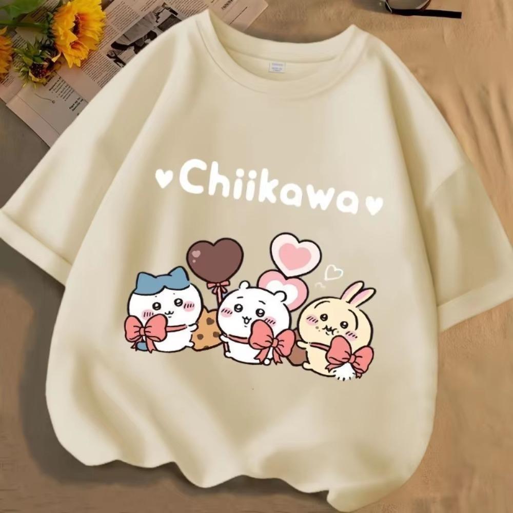 Chiikawa Cartoon Print Cotton Short Sleeve Round Neck Unisexs Tshirt Trendy Summer Cute Loose Fashion Unisexs Tshirt Tops