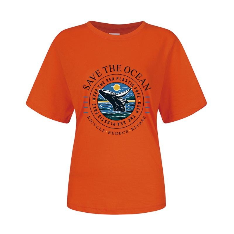 Spring Summer Whale Swimming Letter Pattern Printed Loose Fitting Cotton Short Sleeved Round Neck T-Shirts Women’s