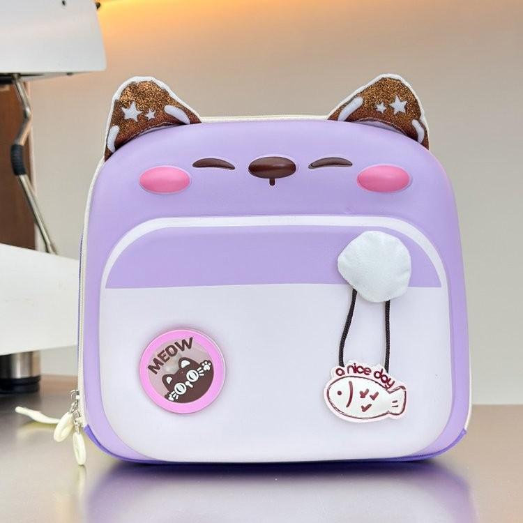 Blocked Color Cute Cartoon Cat Pattern Children Hard Shell Square Backpack