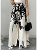 Damen Schwarzer Tinte Blumenmuster Weites Bein Hosen Elastisch Hohe Taille Seidiger Satin Palazzo Hosen Sommerurlaub Lässig Locker Lange Hosen