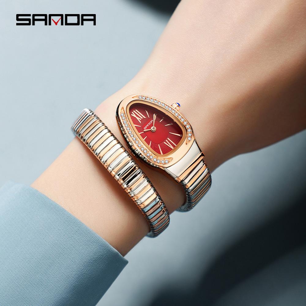 SANDA Fashion Women's Quartz Watch Serpentine Inlaid Diamond Women's Watch Retro Light Luxury Women's Quartz Watch