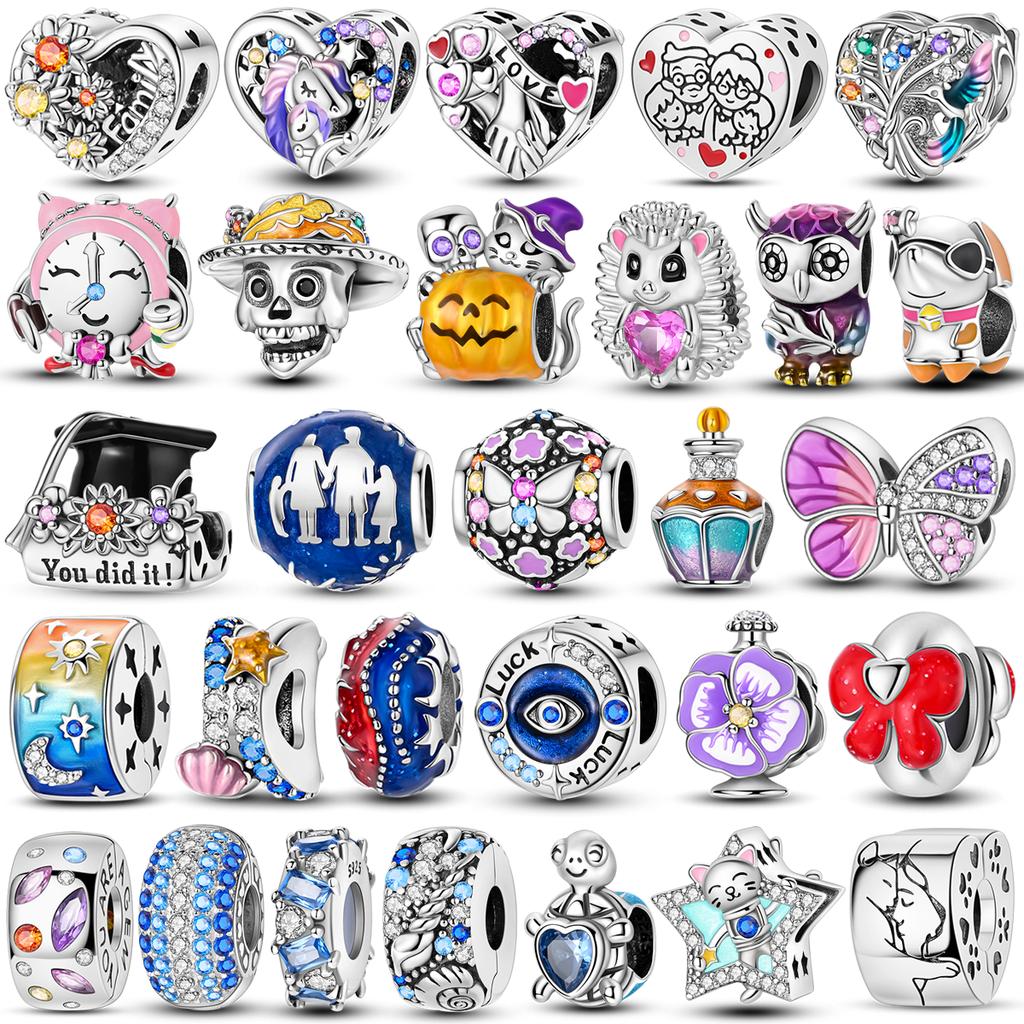 Inlaid Zircon Colorful Charms Beads Copper Love Family Pet Owl Pendants Fit Original Bangle Bracelet Diy Jewelry