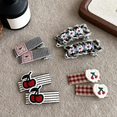 1pair Vintage Check Pattern Hairpin Flower Embroidery Fabric Kid Hair Clip for Children's Parties
