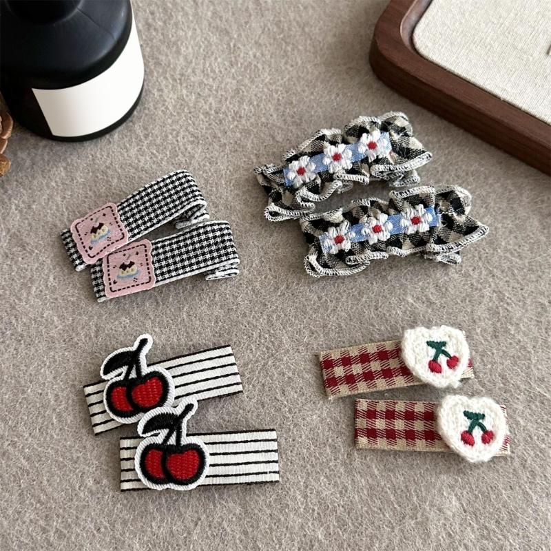 1pair Vintage Check Pattern Hairpin Flower Embroidery Fabric Kid Hair Clip for Children s Parties