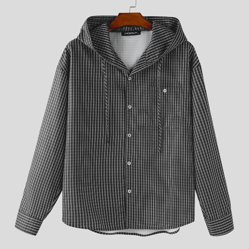 INCERUN Men Long Sleeve Buttons Plaid Print Hooded Shirts Casual Tops