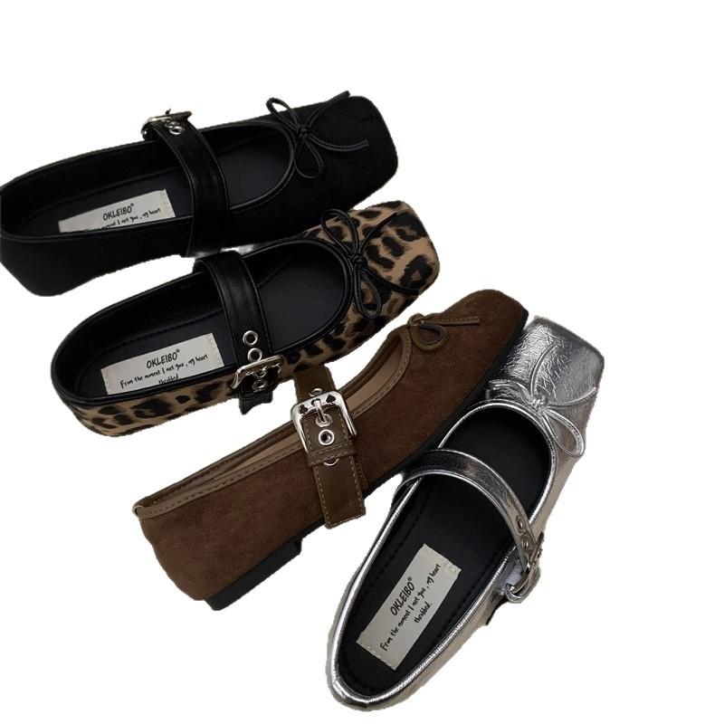 Eckige Spitze Leopardenmuster flache Französische Mary Jane Einzel Schuhe Damenschuhe 2025 neu Herbst silber Ballett Abendschuhe