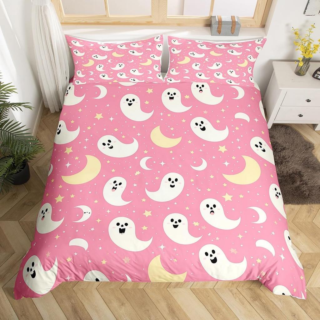 Halloween Ghost Duvet Cover Kawaii Cartoon Ghost Bedding Set Twin Queen For Boys Girl Room Decor Happy Halloween Comforter Cover