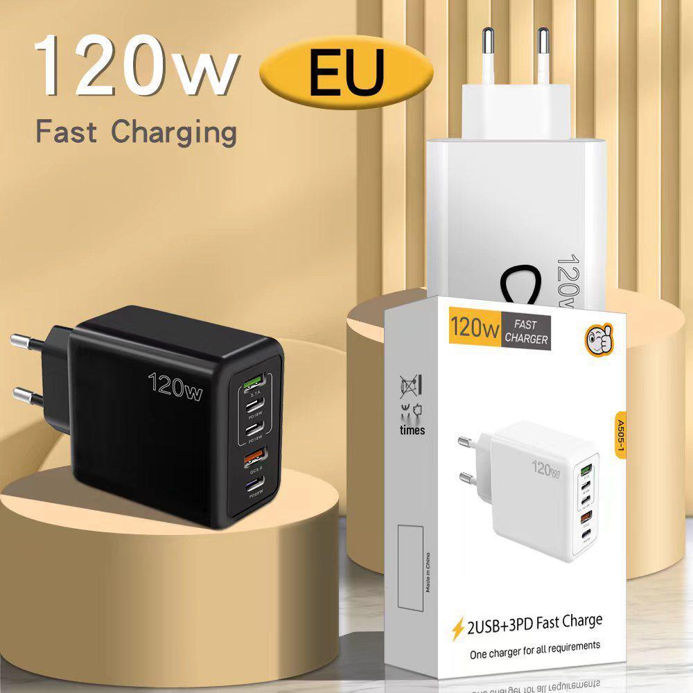 120W Multi-Port Fast Charger, PD+USB, Type-C, EU/US/UK Plug, Compatible with Apple Devices.