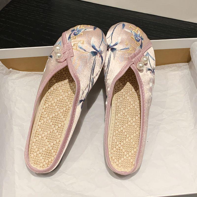 Pantofole da Donna Primavera Autunno Suola Morbida Piatte Baotou Ricamate Pantofole da Casa Scarpe Casual da Donna Stile Etnico Pantofole da Esterno