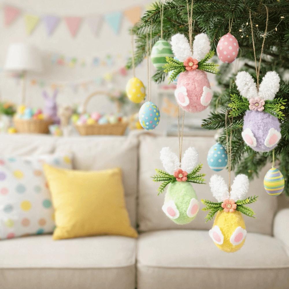 Flower Dot Foam Easter Eggs Colorful Rabbit Design Felt Egg Pendant Decorative with Rope Hanging Flower Egg Venue Layout