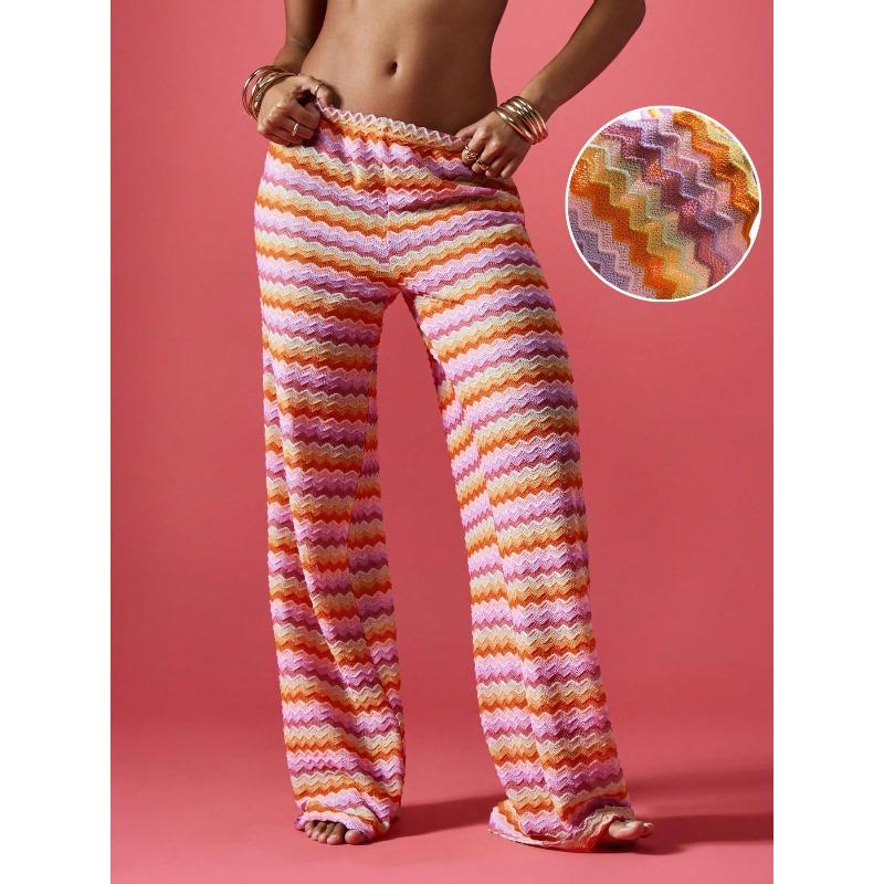women s Colorful Chevron Striped Elastic Waist Knit Wide Leg Pants Trousers S разноцветный