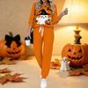 Damski dwuczęściowy strój z nadrukiem na Halloween, Top z długim rękawem i okrągłym dekoltem oraz spodnie dresowe z ściągaczem, Casualowy dres na wiosnę i jesień