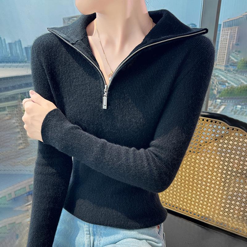 Damen 100% Wolle Reißverschluss Stehkragen Strickpullover - Lockerer Schnitt, Schlankmachende Basisschicht für Herbst/Winter. 2XL