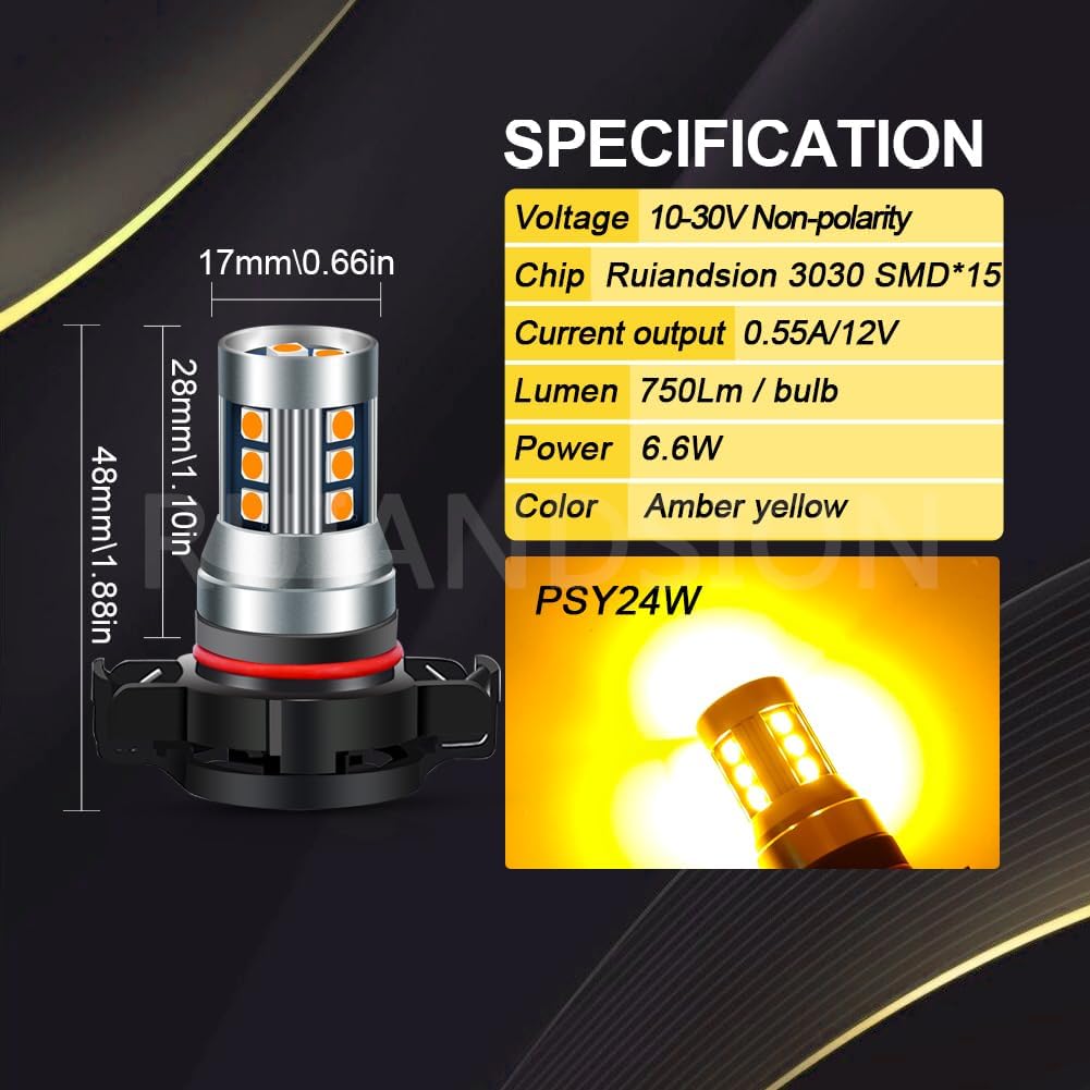 

Ruiandsion 2pcs PSY24W LED Bulbs Amber Yellow 10-30V Super Bright 3030 15SMD Chipsets LED Bulbs Replacement for Front Turn Signal Lights