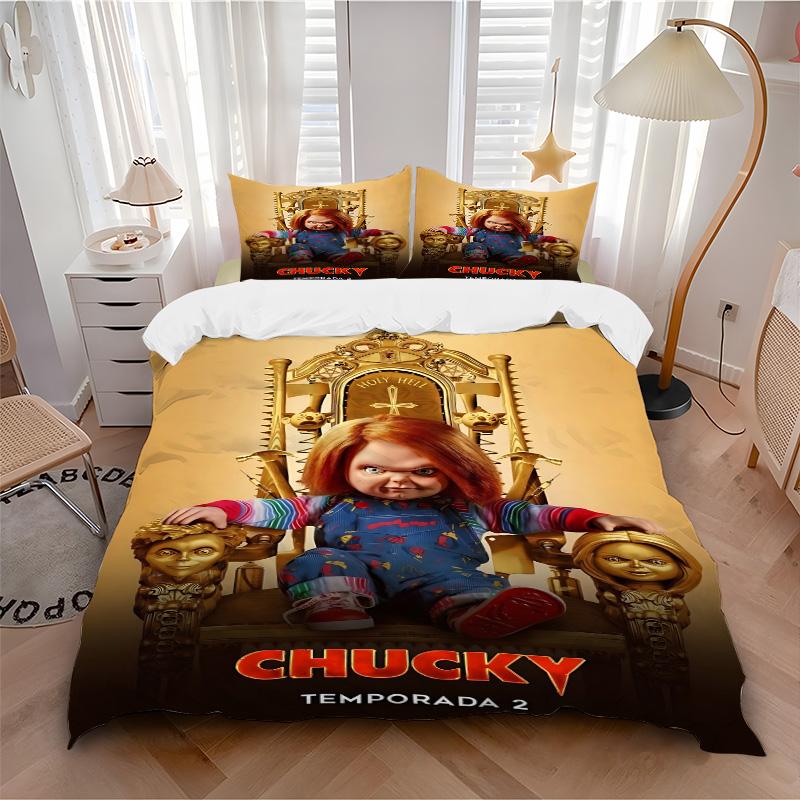 Set de așternut cu imprimeu Chucky'S Throne Returns 3 buc. Husă de pilotă cu 2 fețe de pernă Cadou de casă pentru ziua de naștere