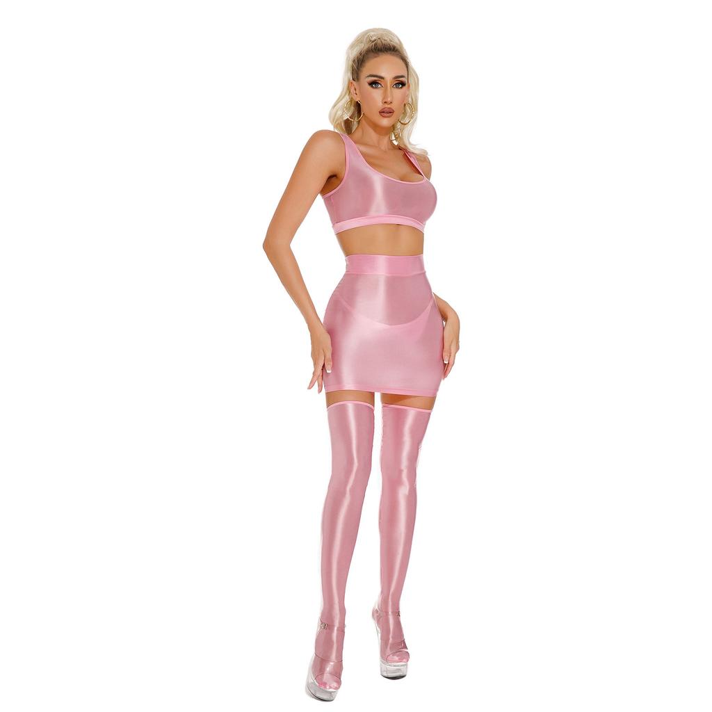 Womens Glossy Crop Top Skirt Set Sleeveless Racerback with Thigh High Stockings Partywear