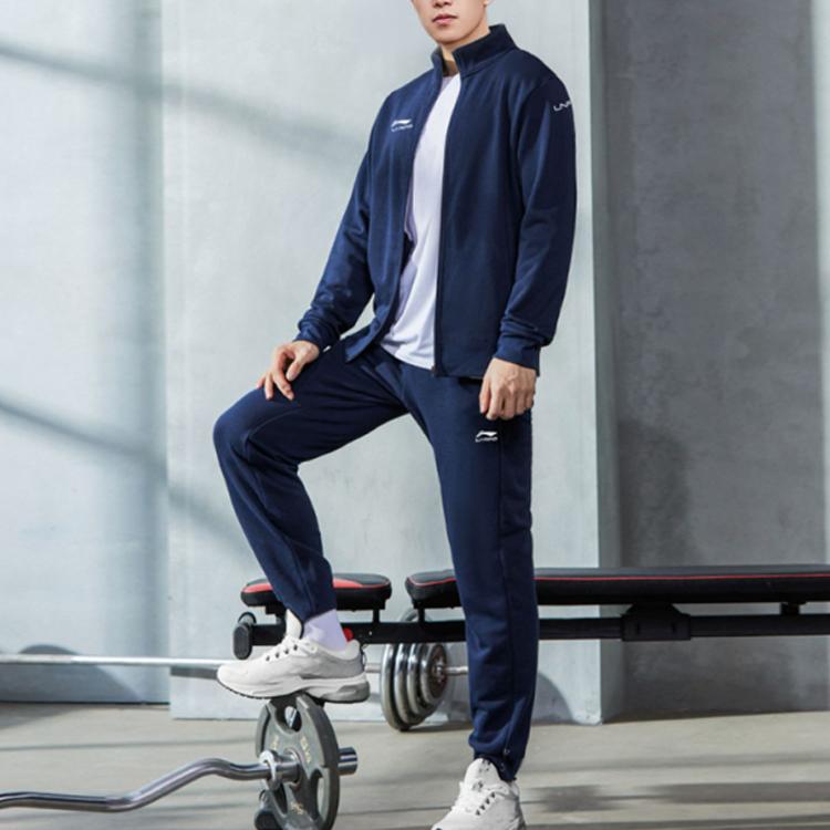 Li Ning Solid Color Stand Collar Sweatpants Casual Running Sports Hoodie Set Men Sweatpants Navy-Blue AWES011-1