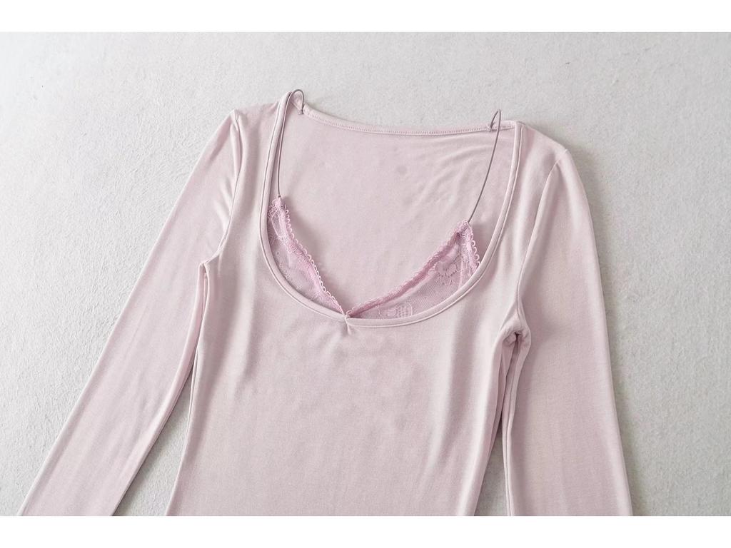 Women's Patchwork Lace Trim Slim Fit Long Sleeve T-Shirt for Spring/Autumn - Spicy Girl U-Neck Two-Piece Style