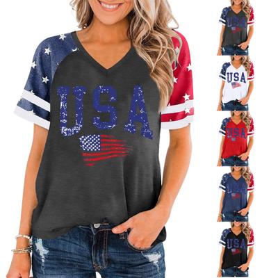 Women V Neck Pullover Short Sleeve Casual T Shirt USA Print Raglan Sleeve Top Summer Tee