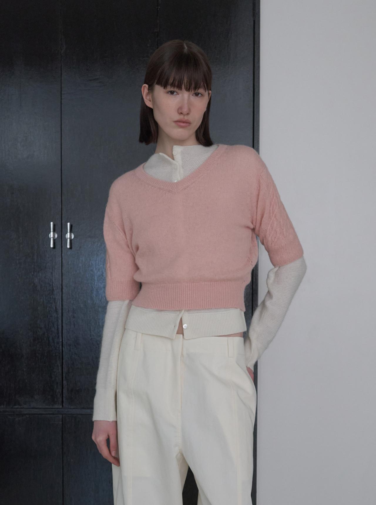 Dito Alpaca V-Neck Half Sleeve Pullover [Pink] Pink/Pink