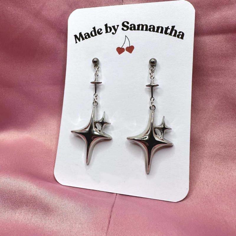 Gothic Y2K Silver Star Cross Dangle Earrings Retro Shiny Design