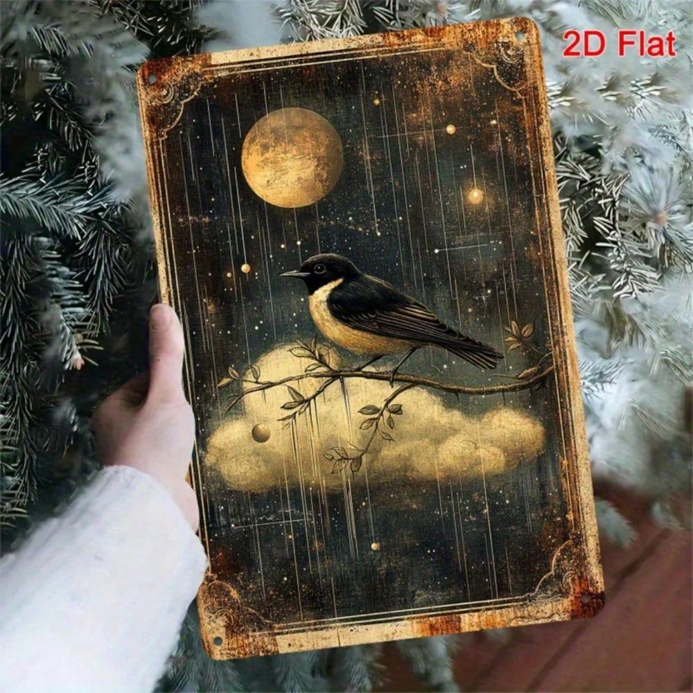 Vintage Moon & Stars Metal Wall Art, 8x12, Retro Celestial Bird Iron Sign for Living Room Office