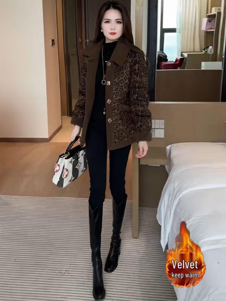 Fluffy 2025 Elegant Leopard Print Woolen Jacket - Women's Versatile Warm Top
