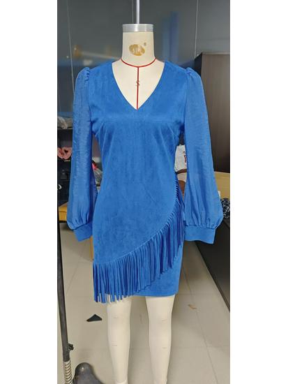 Faux Suede V-neck Lapel Zipper Tassel Hem Long Sleeve Women's Fashion