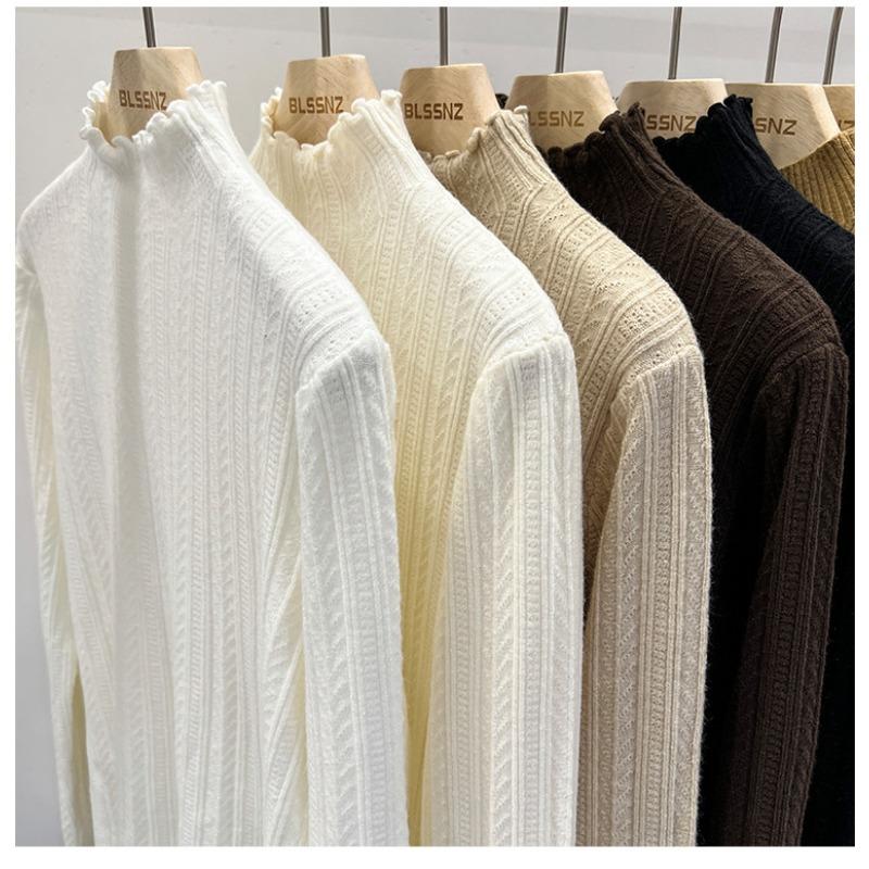 Ear-rimmed Knitted Shirt Half-high Collar Base Shirt Women's White Base Sweater Women's Spring and Autumn New Top