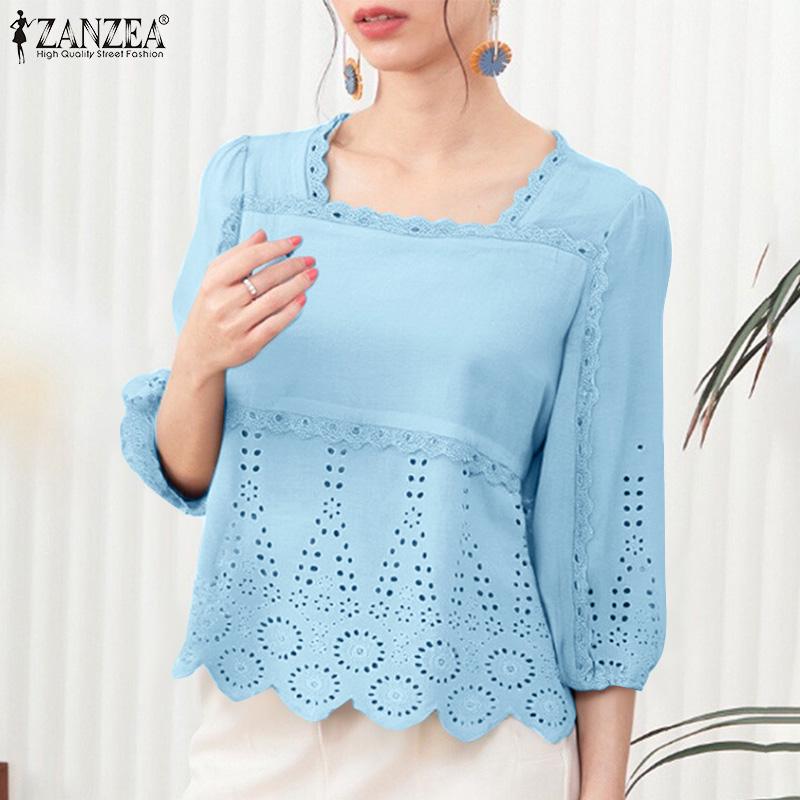 

ZANZEA Women Square Collar Summer Hollow Embroidered Casual 3/4 Sleeve Blouse S белый