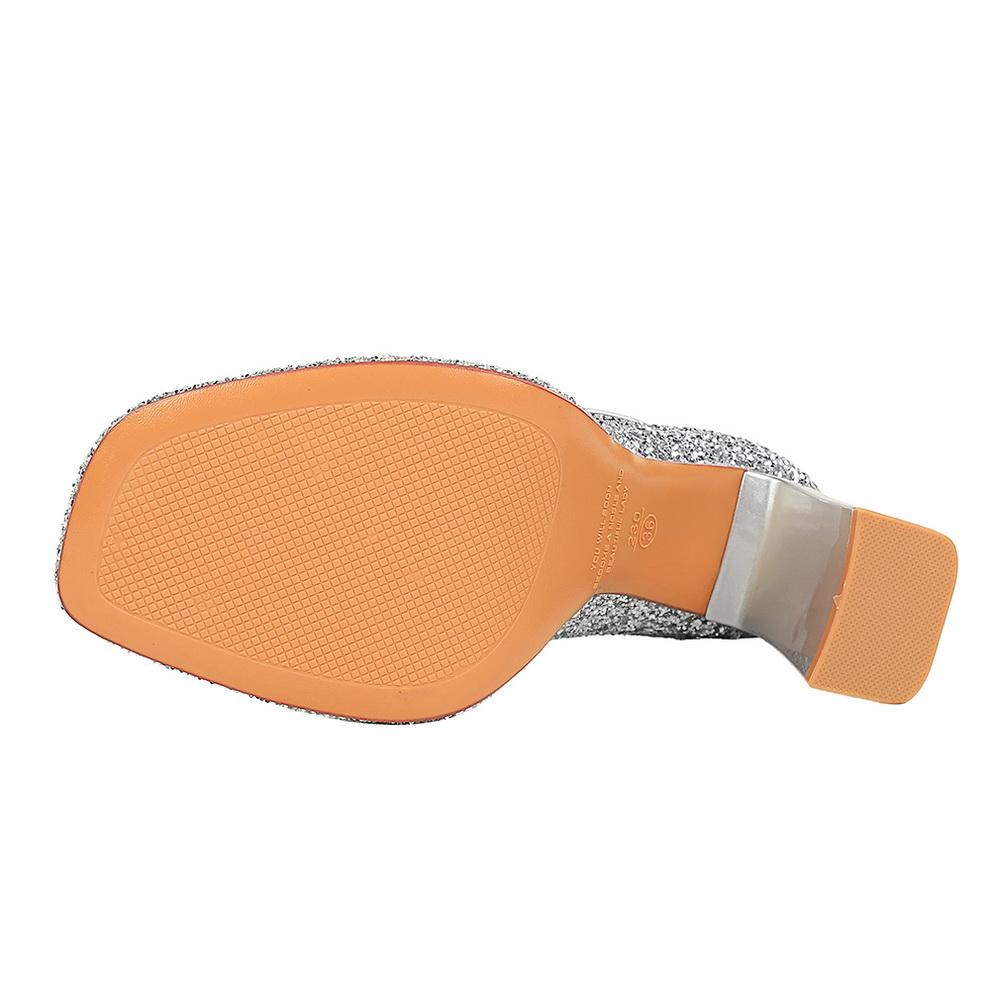 Women's Shoes with Thick Heels, High Heels, Waterproof Platform, Shallow Mouth, Square Toe, Sequins, Straight Strap, Single Shoe
