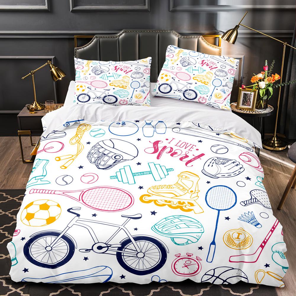Sports Graffiti King Queen Duvet Cover Cartoon Bicycle Badminton Racket Bedding Set for Kids Black 2/3pcs Polyester Quilt Cover