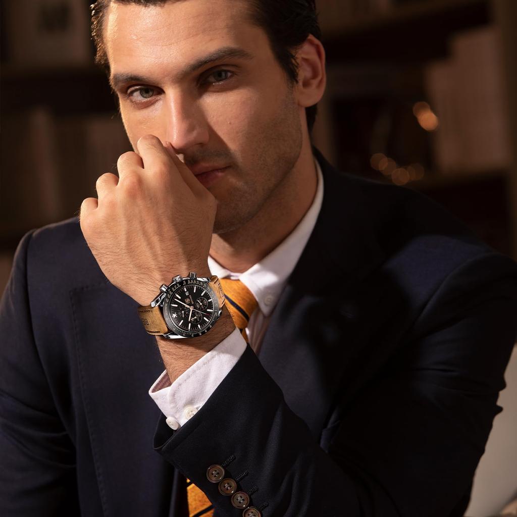 BY BENYAR Chronograph Analog 30M Wasserdicht Lederarmband Quarz Geschenk für Erhältlich in und Schwarz Herrenuhr, Widerstandsfähig, Schlicht, Stilvoll, Beliebt, Formell,