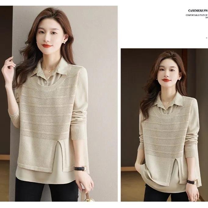 Korean Fake Two-piece Shirt Knitted Women's Spring Autumn Fashion Loose Sweater Bottoming Shirt Female Knitwear Tops