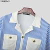 INCERUN Summer Men Lapel Short Sleeve Striped Print Patchwork Button Up Casual Crop Shirts