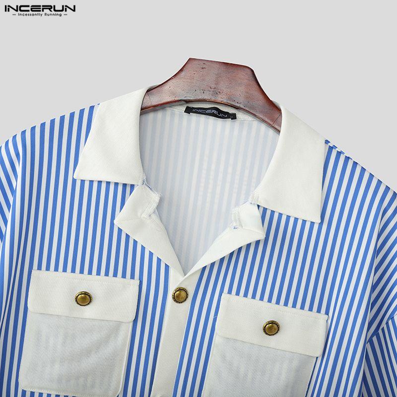 INCERUN Summer Men Lapel Short Sleeve Striped Print Patchwork Button Up Casual Crop Shirts