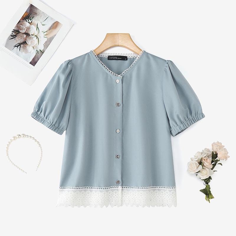 

ZANZEA Женская повседневная блузка с V-образным вырезом, летняя, с коротким рукавом, кружевной вставкой 5XL синий