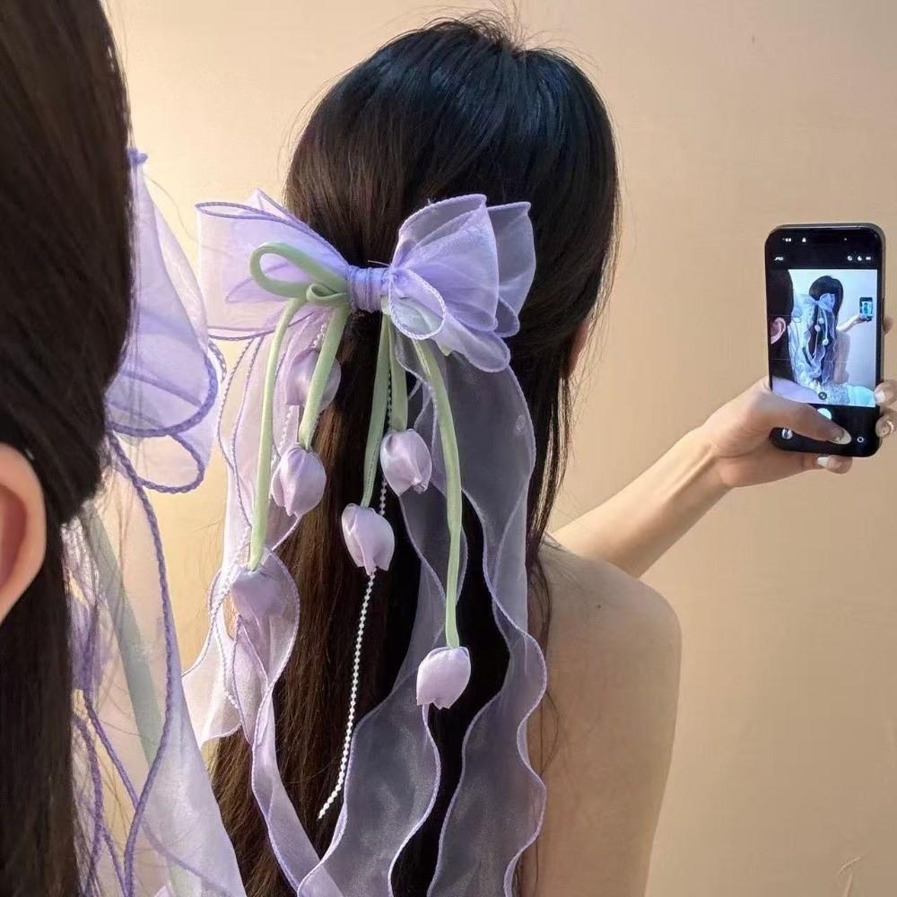 Pendant Tassel Muguet Flower Hairpin Mesh Ribbon Organza Bowknot Barrette  Bridesmaids