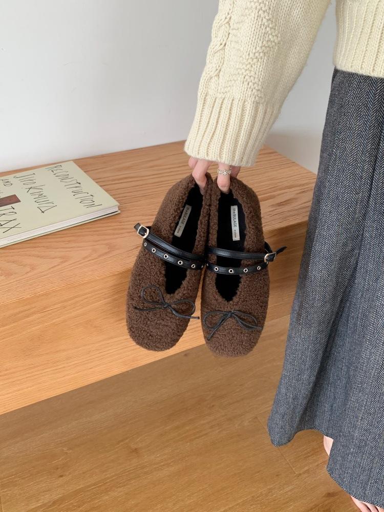 French autumn and winter bow, light mouth, round head, fluffy shoes, flat-soled warm ballet single shoes, ballet cotton shoes