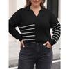 Women Plus Size Color Block Striped Polo Neck Long Sleeve Loose Pullover Knit Sweater