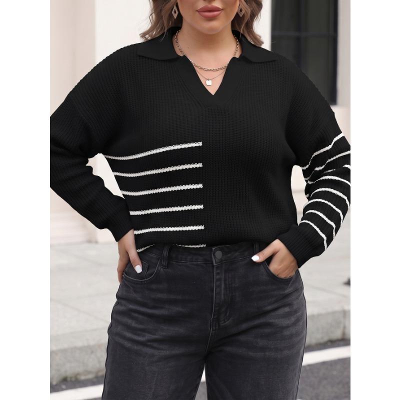 Women Plus Size Color Block Striped Polo Neck Long Sleeve Loose Pullover Knit Sweater