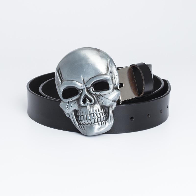 Men s Retro Leather Belt with Large Skull Buckle 90 cm