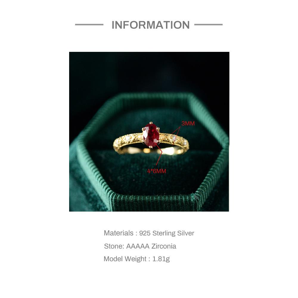 S925 Elegant Retro Court Style Simple Natural Ruby Light Luxury Egg-Shaped Gold-Plated Opening Ring Adjustable