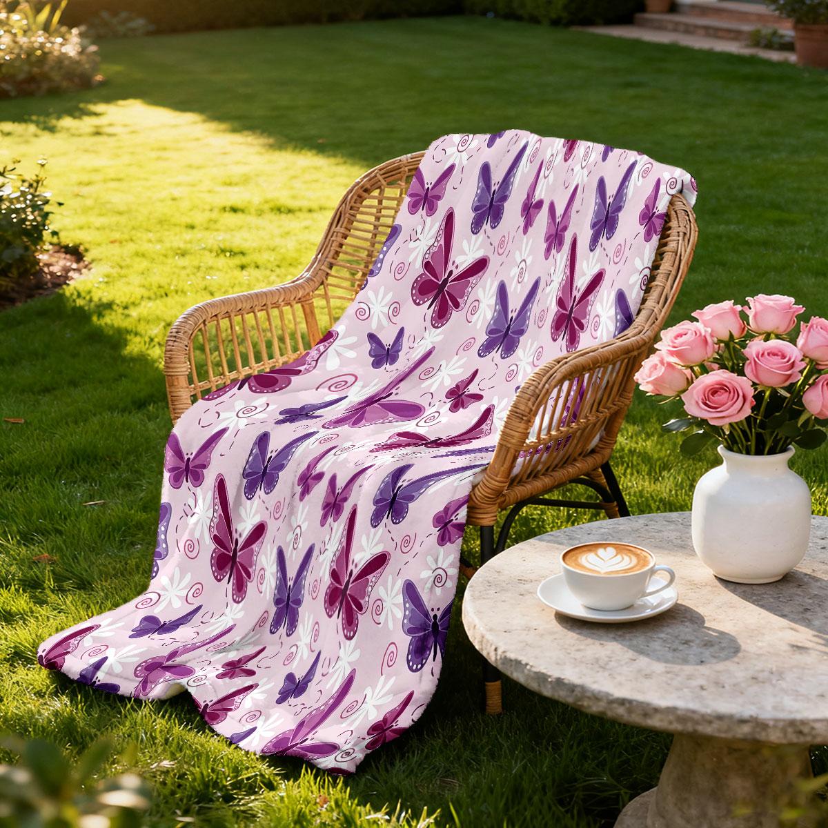 1pc Pink Beautiful Butterfly Printed Flannel Blanket Multi Size Soft Casual Cover Carpet Gift Blanket Machine Washable 75cmx90cm